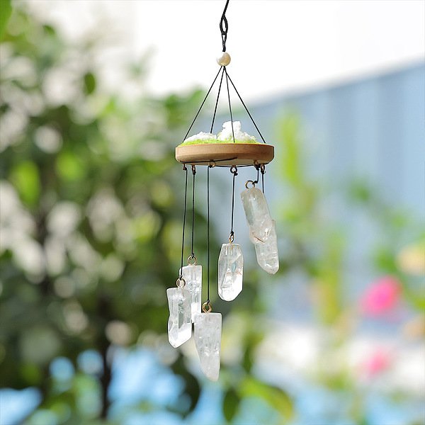 Natural Quartz Crystal Wind Chime, With Wood Round Board, For Home Outdoor Decor, 270Mm-image