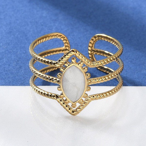 304 Stainless Steel Enamel Cuff Rings, Horse Eye, Real 18K Gold Plated, Adjustable