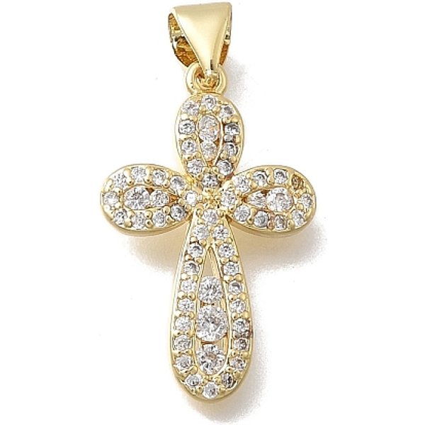 Pendentifs Croix En Laiton Micro Pavé De Zircone Cubique Transparente, Sans Cadmium Et Sans Plomb, CréMaillèRe Plaquage, Plaqué Longue DuréE, VéRitable 18K Plaqué Or, 22.5X14.5X2.5Mm, Trou: 4.5X3.5Mm-image