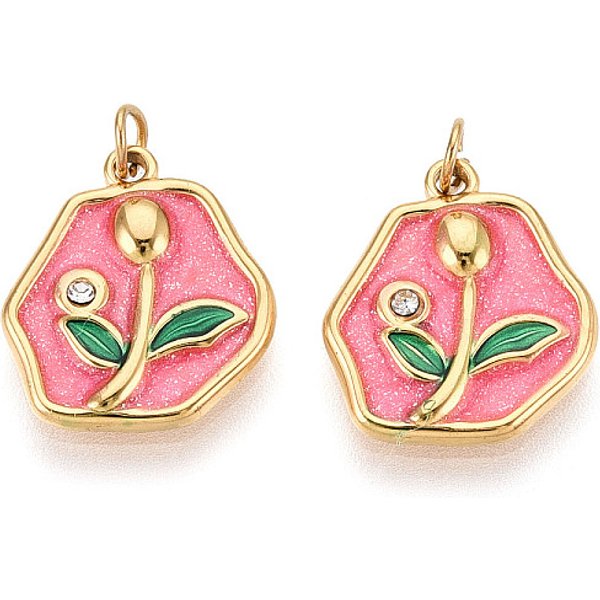 304 Stainless Steel Pave Crystal Rhinestone And Enamel Pendants, Nuggets & Flower, With Jump Ring, Ion Plating(Ip), Real 18K Gold Plated, Hot Pink, 15.5X13.5X2Mm, Hole: 2.8Mm-image