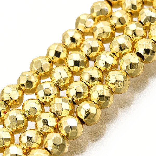 Hilo ElectrolíTico No-MagnéTico Hematita CordóN Hebras, Redondo, Facetados, Oro Chapado, 4Mm, Agujero: 1 Mm, Aproximamente 98-102 Pcs / Cadena, 15.7 Pulgada-image