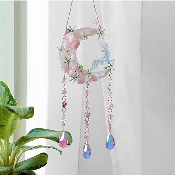 Natural Rose Quartz Chips Moon Pendant Decorations, Glass Teardrop Tassel For Home Car Hanging Decor, 395Mm-image