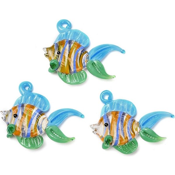 Handmade Lampwork Pendants, Fish, Deep Sky Blue, 36-38x46-47x13-14mm, Hole: 2-2.5mm
