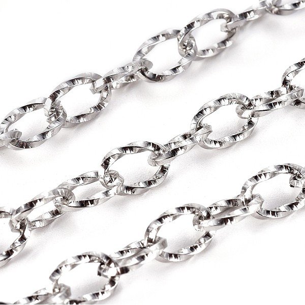 Tarnish Resistant 304 Stainless Steel Cable Chains, Textured, Unwelded, With Spool, Oval, Stainless Steel Color, 5.5Mm, About 32.8 Feet(10M)/Roll-image