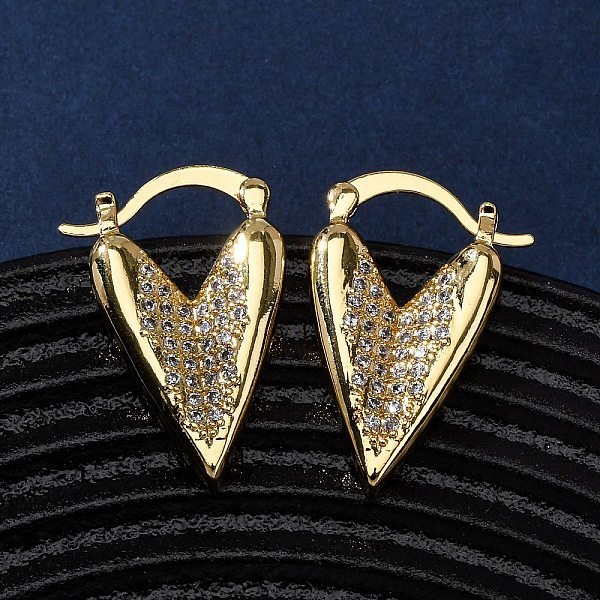 Brass Micro Pave Cubic Zirconia Heart Hoop Earrings, Real 18K Gold Plated, Clear, 26x17.5mm
