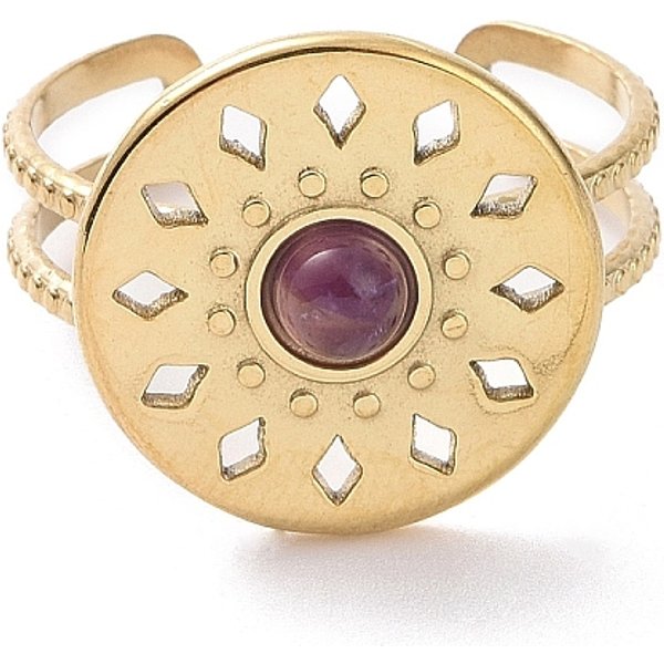 NatüRliche Amethyst Flache Runde Offene Manschettenringe, Edelstahlschmuck FüR Damen, Golden, Innendurchmesser: 19 Mm-image