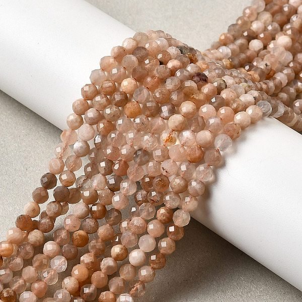 Natural Peach Moonstone Beads Strands, Faceted, Round, 4mm, Hole: 0.7mm, about 90pcs/strand, 14.96''(38cm)-15.16''(38.5cm)