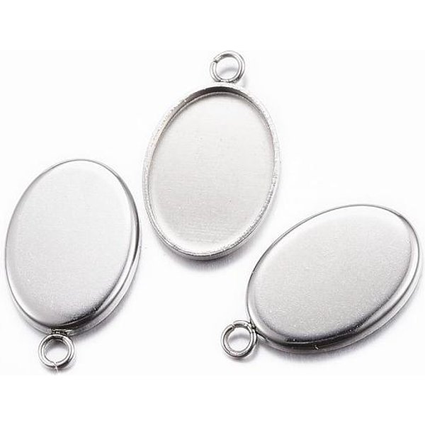 Tarnish Resistant 304 Stainless Steel Pendant Cabochon Settings, Plain Edge Bezel Cups, Oval, Stainless Steel Color, Tray: 14X10Mm, 17.5X11X1.5Mm, Hole: 2Mm-image