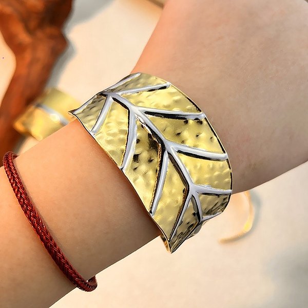 304 Stainless Steel Cuff Bangles for Women, Leaf, Platinum & Golden, 1-3/8 inch(3.6cm), Inner Diameter: 2-1/4 inch(5.8cm)