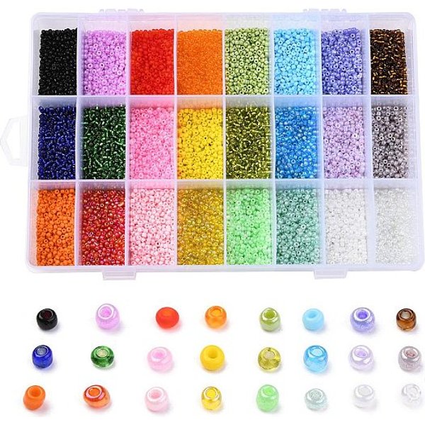 288G 24 Style 12/0 Glass Seed Beads, Ceylon & Opaque & Frosted Colors & Colors Rainbow & Colours Lustered & Silver Lined & Transparent, Round, Mixed Color, 2Mm, Hole: 1Mm, 12G/Style-image
