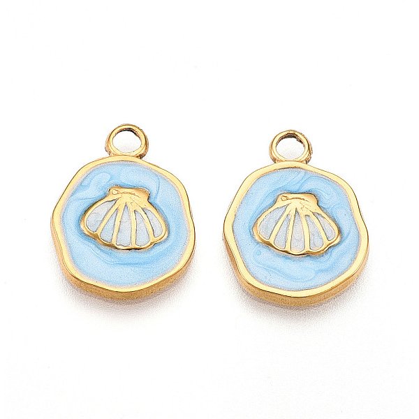 304 Stainless Steel Pendants, With Enamel, Flat Round With Shell Charms, Ion Plating(Ip), Real 18K Gold Plated, Light Sky Blue, 16.5X12.5X2Mm, Hole: 2.5Mm-image