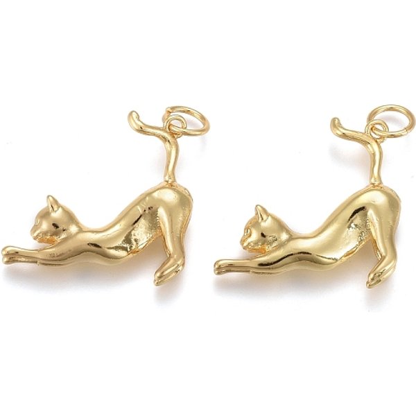 Brass Pendants, Long-Lasting Plated, with Jump Rings, Cat, Golden, 21.5x22x5.5mm, Hole: 6x1mm