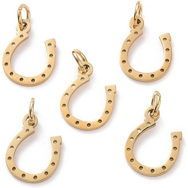 304 Stainless Steel Charms, With Jump Ring, Horseshoe Charm, Golden, 13X10X1Mm, Hole: 3Mm-image
