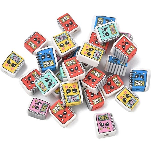 Printed Handmade Polymer Clay Beads, Book, Mixed Color, 8.5X8X4Mm, Hole: 2Mm-image