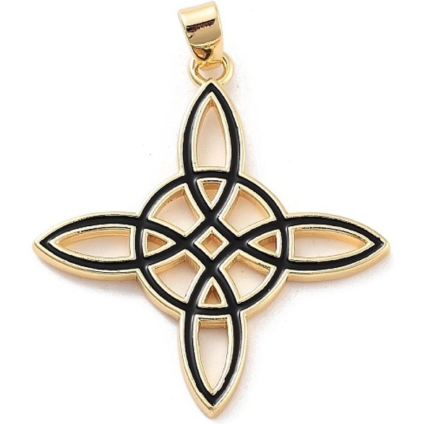 Colgantes De Esmalte De LatóN Chapado En Rack, Sin Plomo Y Cadmio, Plateado De Larga DuracióN, Real 18K Chapado En Oro, Encanto Del SíMbolo Wiccano Del Nudo De Brujas, Negro, 33X30X2Mm, Agujero: 6X3 Mm-image