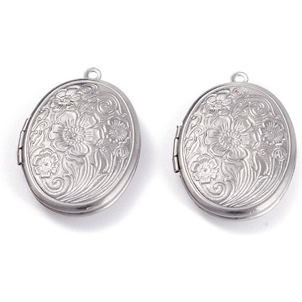 Tarnish Resistant 316 Stainless Steel Locket Pendants, Photo Frame Charms, Oval With Sakura, Stainless Steel Color, 33.5X23.5X6Mm, Hole: 1.8Mm, Inner Diameter: 23X16Mm-image