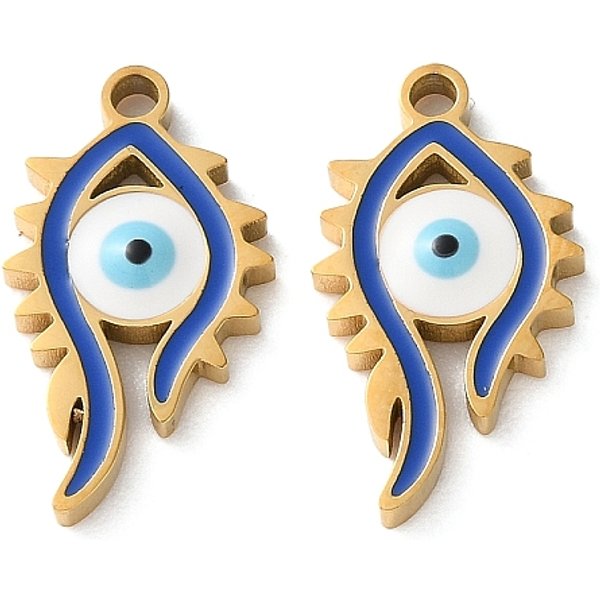 Evil Eye Themes 304 Stainless Steel Enamel Pendants, Ion Plating, Blue, 17X9.5X2Mm, Hole: 1.5Mm-image