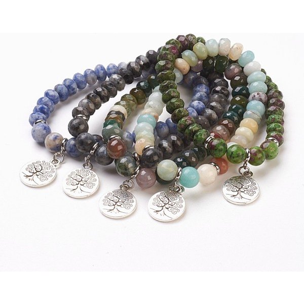 Natural Gemstone Bead Charm Bracelets, with Alloy Findings, Flat Round with Tree, 2 inch(5.1cm), Pendant: 20x15x2mm