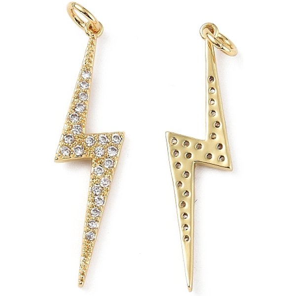 Brass Micro Pave Clear Cubic Zirconia Pendants, Cadmium Free & Nickel Free & Lead Free, With Jump Rings, Bolt Lightning Charms, Real 18K Gold Plated, 27X6X1.5Mm, Hole: 3.6Mm-image