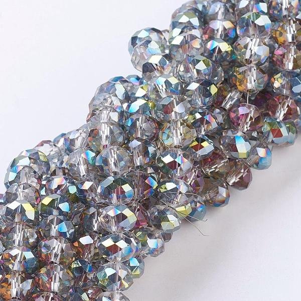 Electroplate Glass Beads Strands, Rainbow Plated, Faceted, Rondelle, Light Grey, 8X6Mm, Hole: 1Mm, About 62-63Pcs/Strand, 39-40Cm-image