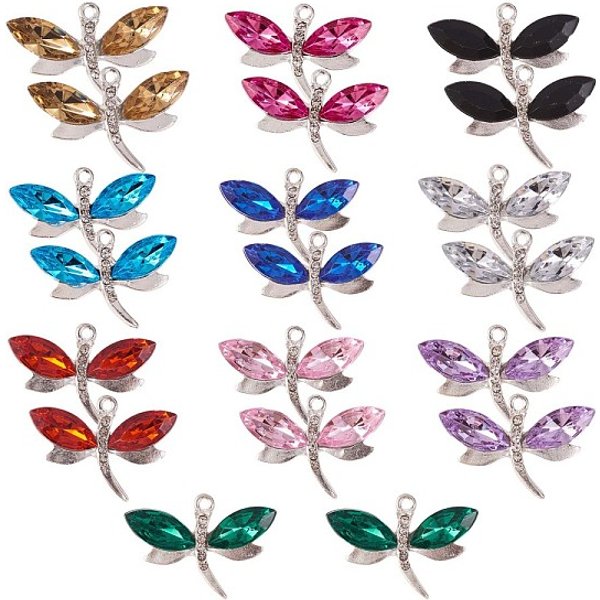 40Pcs 10 Colors Alloy Rhinestones Charms, Dragonfly, for Jewelry Making, Platinum, Mixed Color, 21x31mm, Hole: 2mm, 4pcs/color