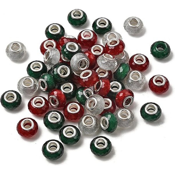 Perline In Resina Sfaccettato, Perline Con Foro Grande, Rondelle Con Anima In Ottone Placcato Argento E Polvere Glitterata, Argento, 14X8.5Mm, Foro: 5 Mm-image