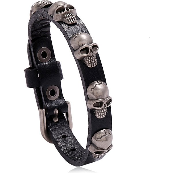 Alloy Skull Rivet Studded Cowhide Cord Bracelet, Gothic Bracelet with Buckle for Men Women, Black, 9-1/2 inch(24cm)