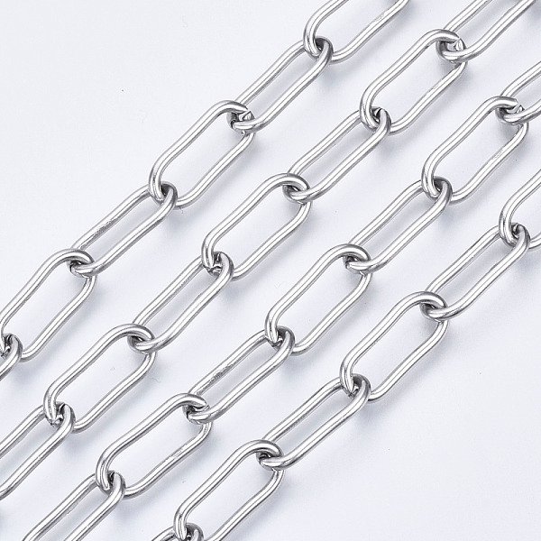 Tarnish Resistant 304 Stainless Steel Paperclip Chains, Drawn Elongated Cable Chains, Unwelded, With Spool, Oval, Stainless Steel Color, 17X7X1.5Mm, About 65.61 Feet(20M)/Roll-image