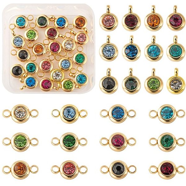 24 Stück 12 Farben 304 Edelstahl Strass Charms & Verbinder Anschlüsse, Geburtsstein Charms, Flachrund, Mischfarbe, 9.3x6.5x4 mm, Bohrung: 2 mm, 12x6.5x4 mm, Bohrung: 2 mm