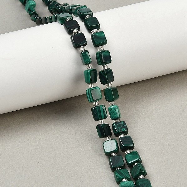 Natural Malachite Beads Strands, Square, 7X7X4-4.5Mm, Hole: 0.8Mm, About 43Pcs/Strand, 15.16 Inch(38.5Cm)-image