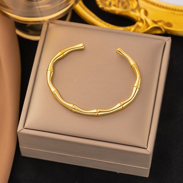 304 Stainless Steel Bamboo Joint Cuff Bangles For Women, Golden, 1/4 Inch(0.48Cm), Inner Diameter: 2-1/2 Inch(6.2Cm)-image
