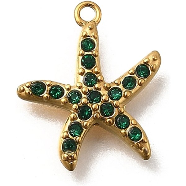 Colgantes De Circonita CúBica Micropavé De Acero Inoxidable 304, Encantos De Estrellas De Mar, Revestimiento De Iones (Ip), Dorado, Verde, 13.5X12X2Mm, Agujero: 1 Mm-image