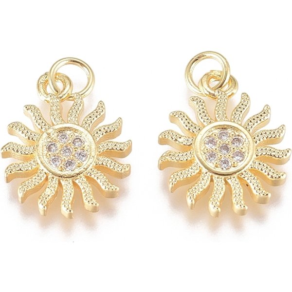 Brass Micro Pave Cubic Zirconia Pendants, With Jump Ring, Long-Lasting Plated, Sun, Clear, Golden, 13.5X11X2Mm, Hole: 2.8Mm-image