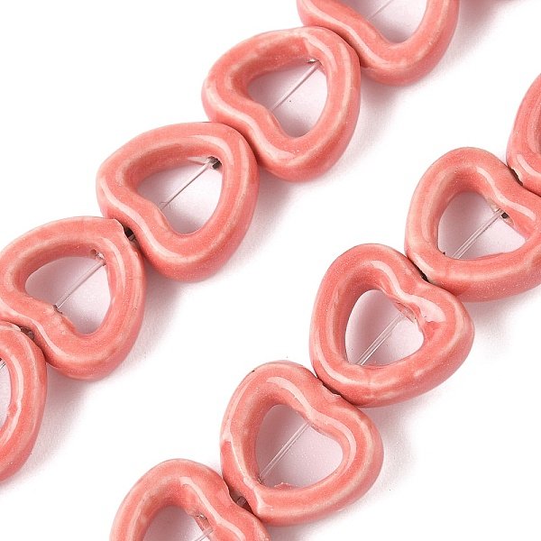 Handmade Porcelain Beads Strands, Heart, Bright Glazed Porcelain, Pink, 13X14.5X5Mm, Hole: 1.4Mm, About 25Pcs/Strand, 12.60''(32Cm)-image