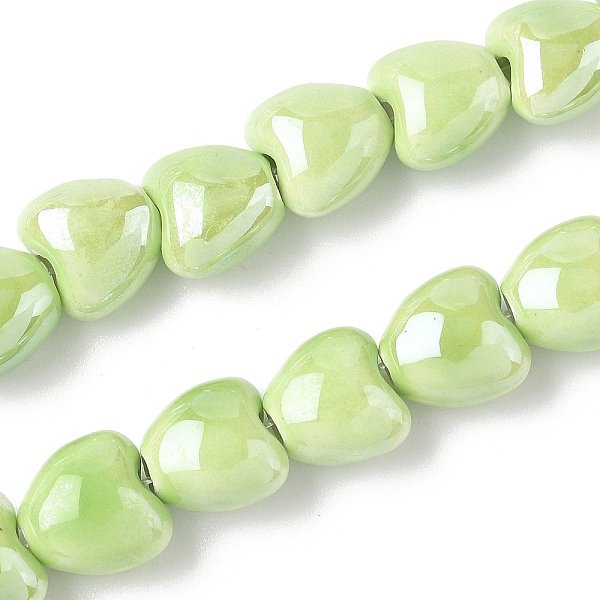Handmade Porcelain Beads Strands, Heart, Bright Glazed Porcelain, Green Yellow, 9.5X10X6.5Mm, Hole: 1.6Mm, About 40Pcs/Strand, 14.57''(37Cm)-image