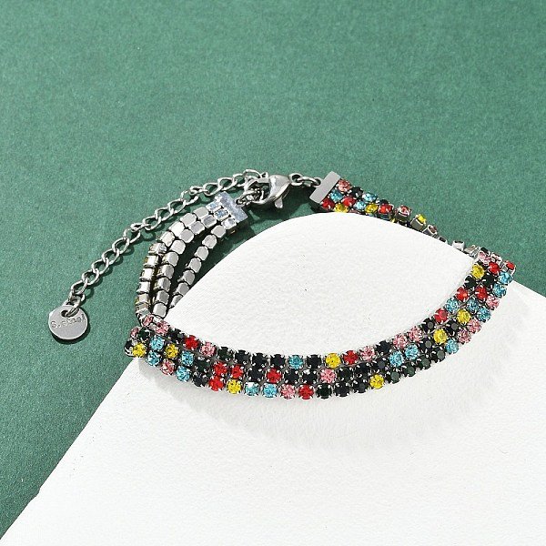 304 Stainless Steel Rhinestone Cup Chain Bracelets for Women, Square, Colorful, 6-3/4 inch(17.3cm)