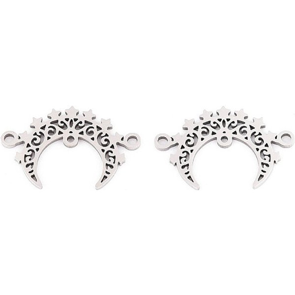 201 Stainless Steel Laser Cut Crescent Moon/Double Horn Chandelier Component Links, Non-Tarnish, Stainless Steel Color, 13x20x1mm, Hole: 1.4mm