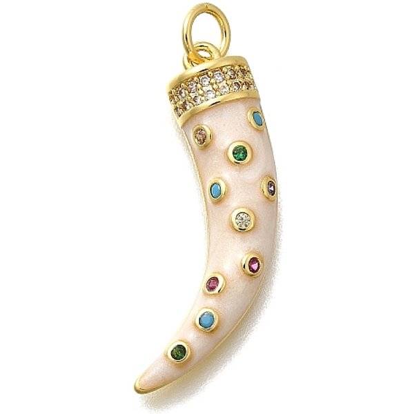 LatóN Micro Pavé Colgantes De Esmalte De Circonio CúBico, Cuerno De La Abundancia, Con Dijes De Anillos De Salto, Sin Plomo Y El Cadmio, Real 18K Chapado En Oro, Blanco, 27X7X4Mm, Agujero: 3.3 Mm-image