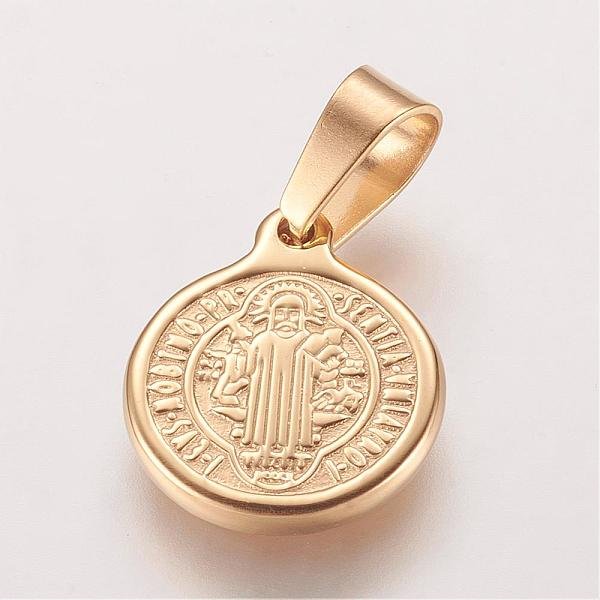 Ion Plating(IP) 304 Stainless Steel Pendants, Flat Round with Saint Benedict Medal, Golden, 16x13x2mm, Hole: 4x6mm