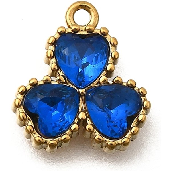 304 Stainless Steel Pendants, With Cubic Zirconia, Clover Charms, Ion Plating(Ip), Golden, Blue, 11.5X10.5X3Mm, Hole: 1.2Mm-image