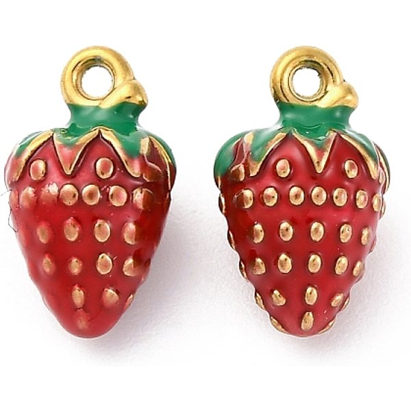 304 Stainless Steel Enamel Pendants, Ion Plating(Ip), Real 18K Gold Plated, Strawberry, Red, 13.5X8.5X8.5Mm, Hole: 1.2Mm-image