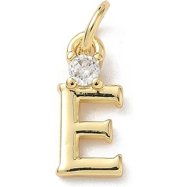 Brass Pave Clear Cubic Zirconia Charms, Letter Charms, with Jump Ring, Rack Plating, Long-Lasting Plated, Lead Free & Cadmium Free, Real 18K Gold Plated, Letter E, 12-12.5x3-10x2.3mm, Hole: 3.3mm
