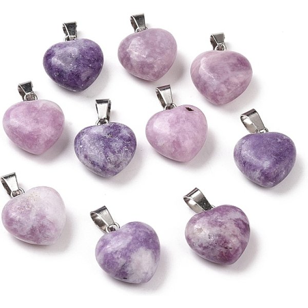 Natural Lepidolite/Purple Mica Stone Pendants, With Platinum Brass Loops, Puffy Heart, 18-19X15-15.5X7-10Mm, Hole: 6X2.5-3Mm-image