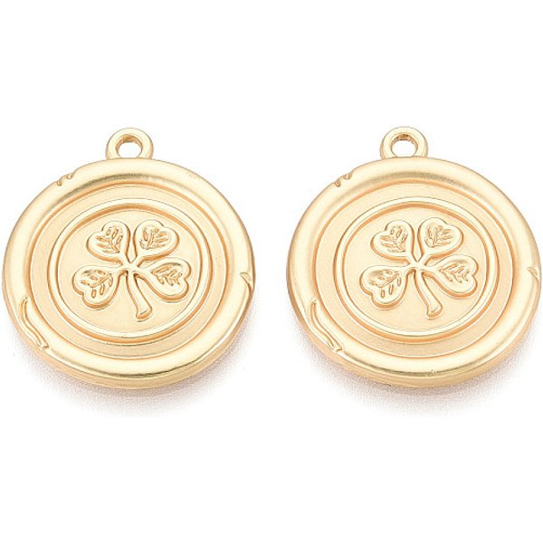 Alloy Pendants, Flat Round & Clover, Cadmium Free & Lead Free, Matte Gold Color, 25x22x2.5mm, Hole: 1.8mm