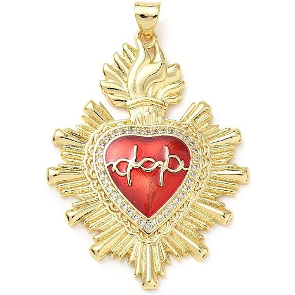 Pendentifs Avec Zircon Cubiques à Micro-PavéS En Laiton, Sacre Coeur, Avec L'éMail, CréMaillèRe Plaquage, Sans Plomb Et Sans Cadmium, Plaqué Longue DuréE, VéRitable 18K Plaqué Or, 41.5X31X3Mm, Trou: 3.5X5Mm-image