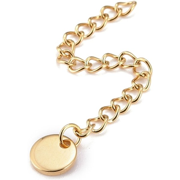 304 Stainless Steel Chain Extender, Curb Chain, With 202 Stainless Steel Charms, Flat Round, Golden, 57-60Mm, Link: 3.7X3X0.5Mm, Flat Round: 7X1Mm-image