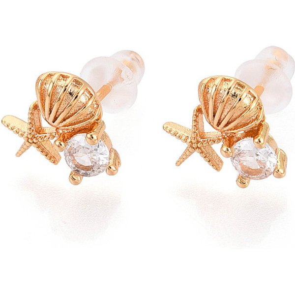 Pendientes De BotóN Con Micropavé De LatóN Con Forma De Concha Y Estrella De Mar Y Circonitas CúBicas Transparentes, Plateado De Larga DuracióN, Sin NíQuel, Real 18K Chapado En Oro, 8.5X8.9Mm, Pin: 0.7 Mm-image