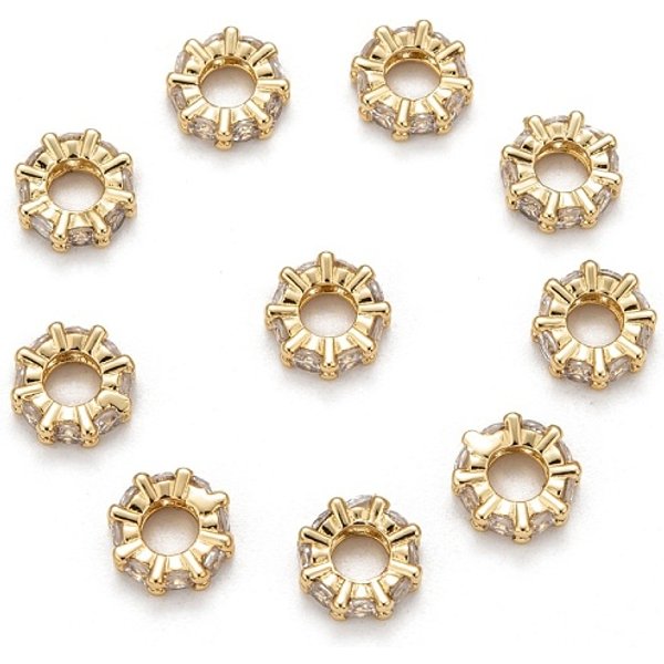 Brass Cubic Zirconia European Beads, Rondelle, Golden, 8x3mm, Hole: 4mm