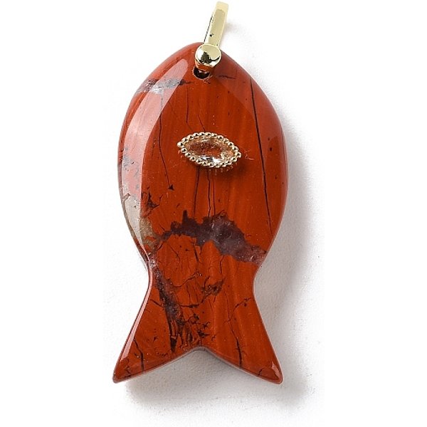 Natural Red Jasper Pendants, Fish Charms With Brass Micro Pave Clear Cubic Zirconia Findings, Golden, 39.5-40X20-20.5X8.5Mm, Hole: 4X4.5Mm-image