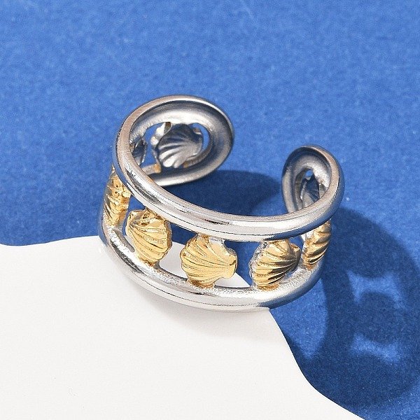 304 Stainless Steel Double Color Cuff Rings, Ion Plating(Ip), Golden & Stainless Steel Color, Shell Shape, 10Mm, Inner Diameter: Adjustable-image